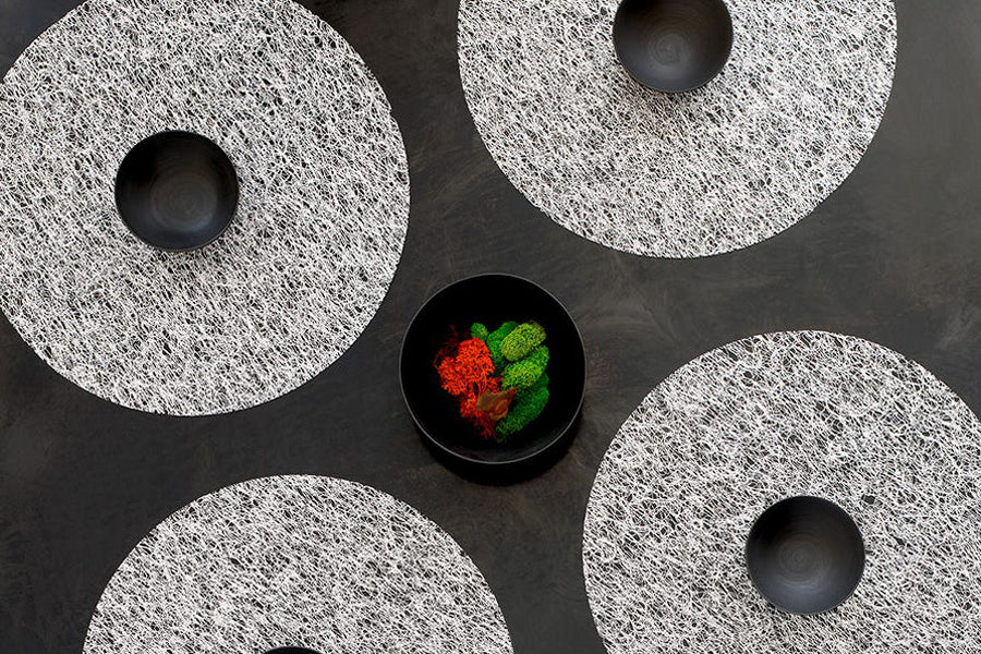 Metallic Lace Tabletop by Chilewich, showing metallic lace tabletops in live shot.