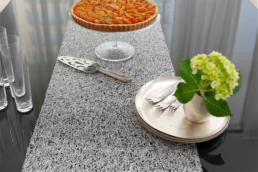 Metallic Lace Tabletop by Chilewich, showing metallic lace tabletop in live shot.