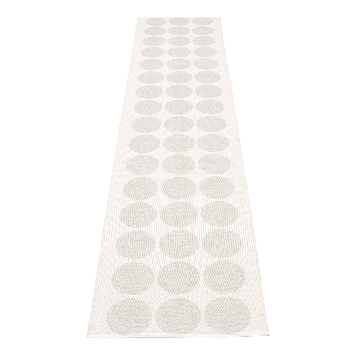 Hugo Metallic White & Fossil Grey Runner Rug by Pappelina, showing back view of hugo metallic white & fossil grey runner rug.