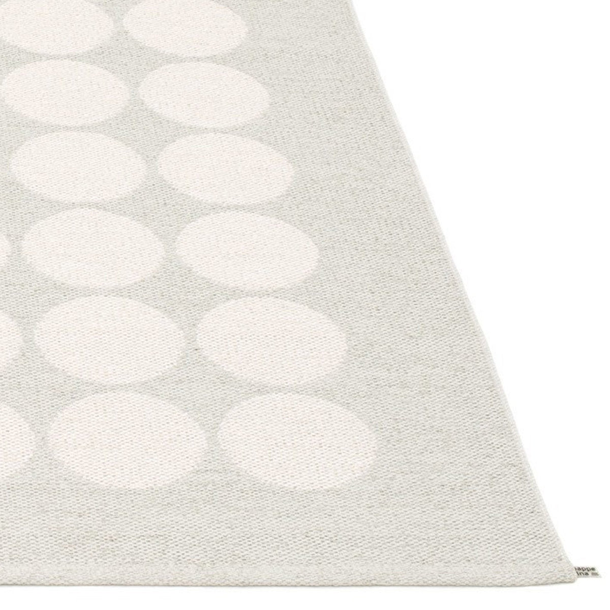 Hugo Metallic White & Fossil Grey Runner Rug by Pappelina, showing closeup view of hugo metallic white & fossil grey runner rug.