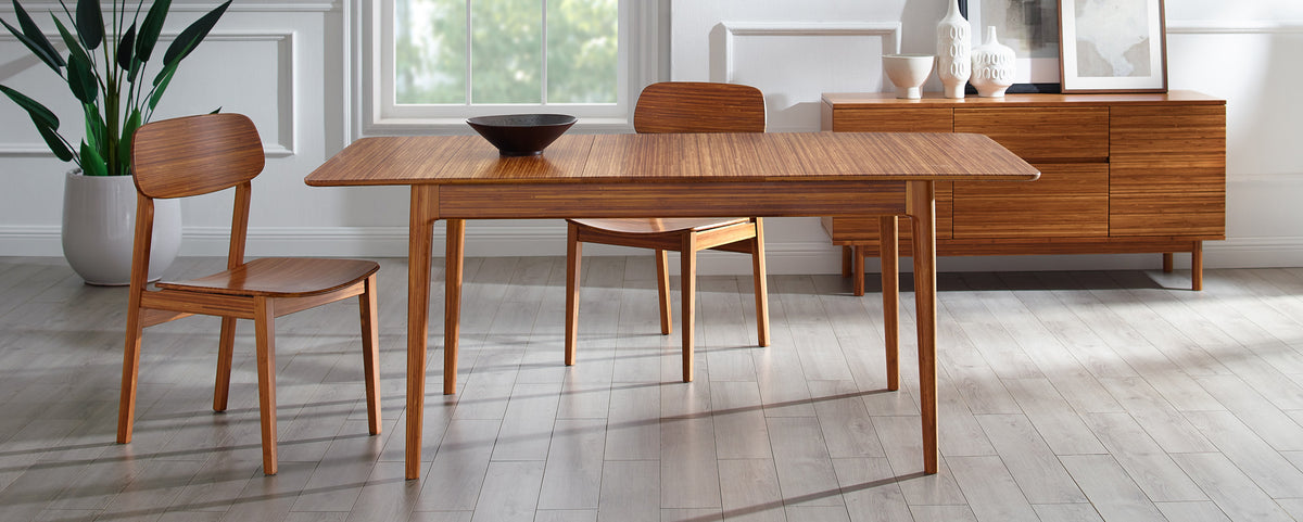 Mija Extensible Dining Table by Greenington, showing mija extensible dining table with chairs in live shot.