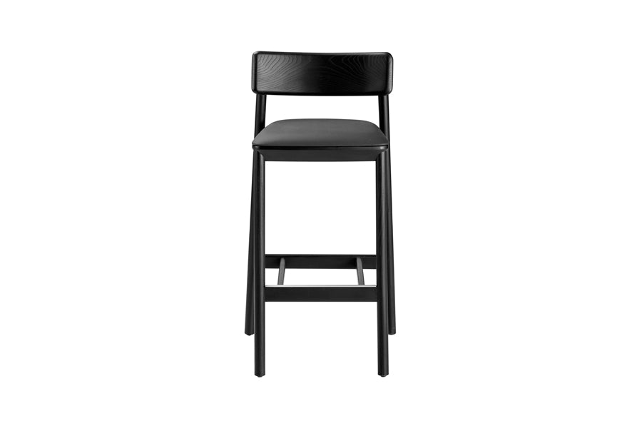 Mika Stool by B&T, showing front view of mika stool in dark gray new king eco-leather + black btained ashwood.