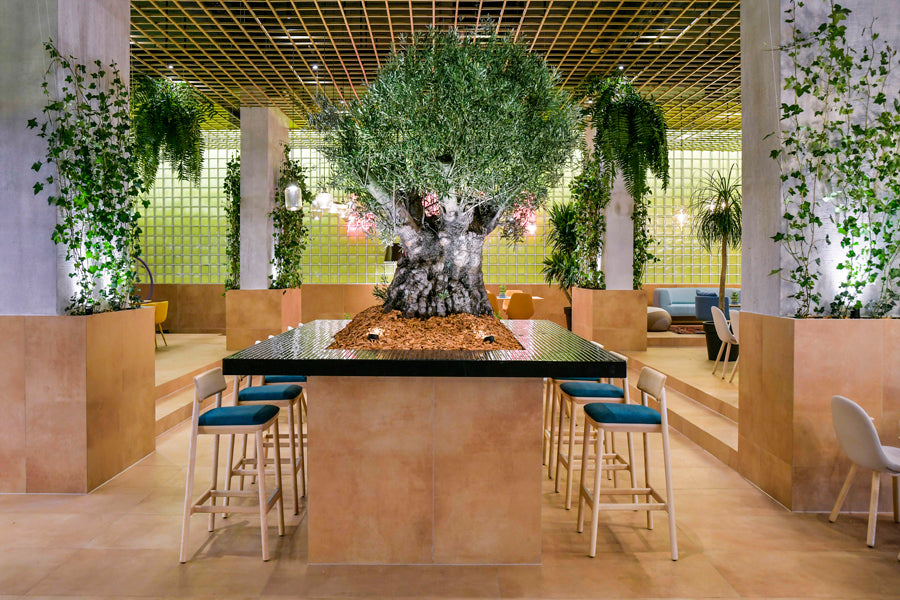 Mika Stool by B&T, showing mika stools with table in live shot.