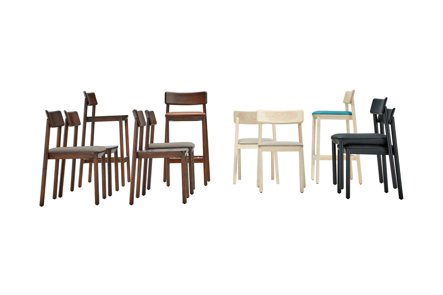 Mika Stool by B&T, showing mika stools with chairs.