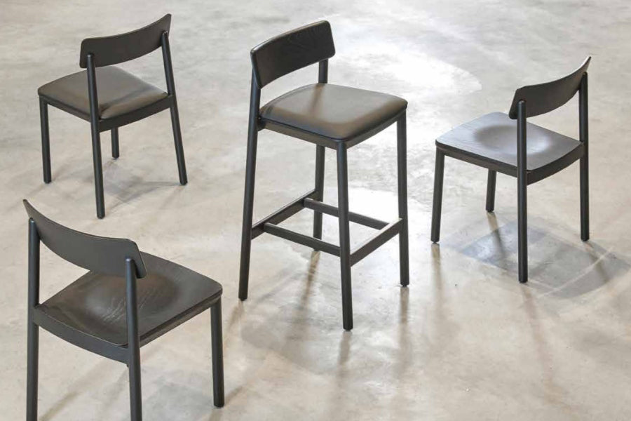 Mika Stool by B&T, showing mika stool with chairs in live shot.