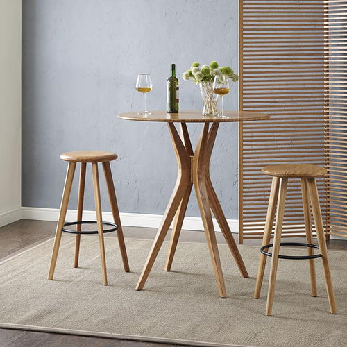 Mimosa Caramelized Bar Height Table by Greenington, showing live shot of mimosa table in caramelized finish with stools.