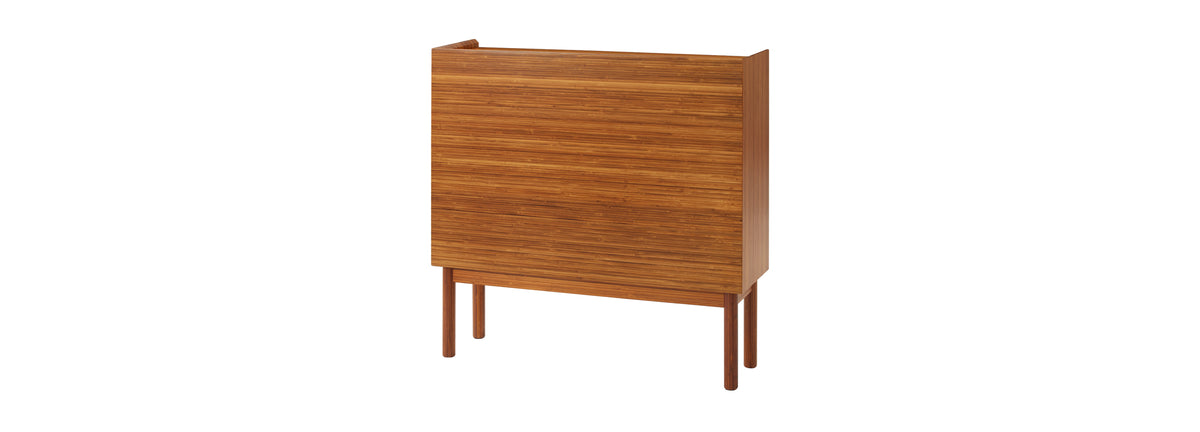 Mira Console Storage by Greenington, showing back angle view of mira console storage in amber.