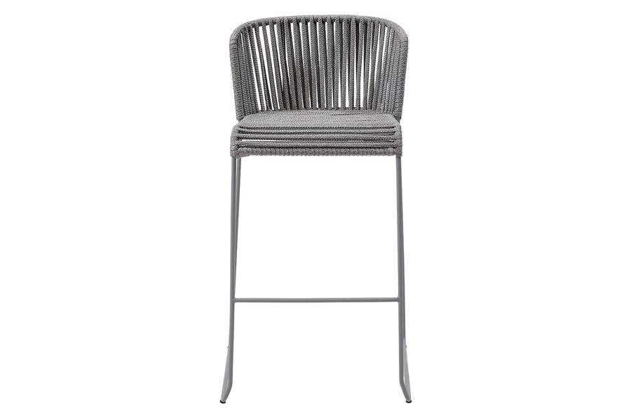 Moments Outdoor Bar Stool by Cane-Line, showing front view of moments outdoor bar stool in light grey soft rope/steel.