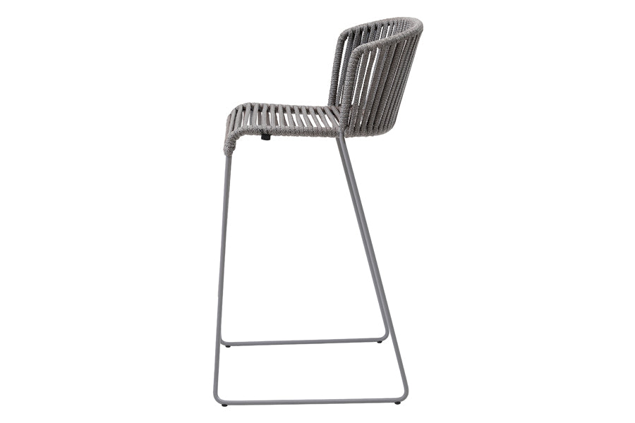 Moments Outdoor Bar Stool by Cane-Line, showing side view of moments outdoor bar stool in light grey soft rope/steel.