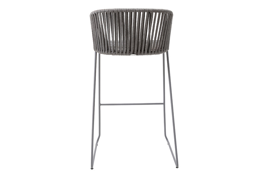 Moments Outdoor Bar Stool by Cane-Line, showing back view of moments outdoor bar stool in light grey soft rope/steel.