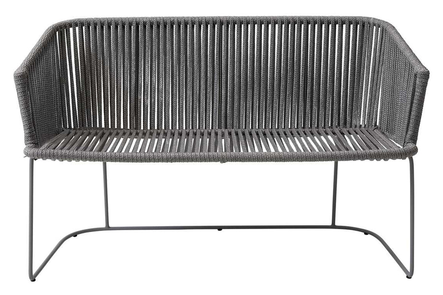 Moments Outdoor Dining Bench by Cane-Line, showing front view of moments outdoor dining bench in light grey soft rope/no cushion set.