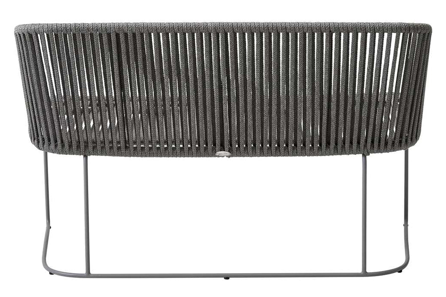 Moments Outdoor Dining Bench by Cane-Line, showing back view of moments outdoor dining bench in light grey soft rope/no cushion set.