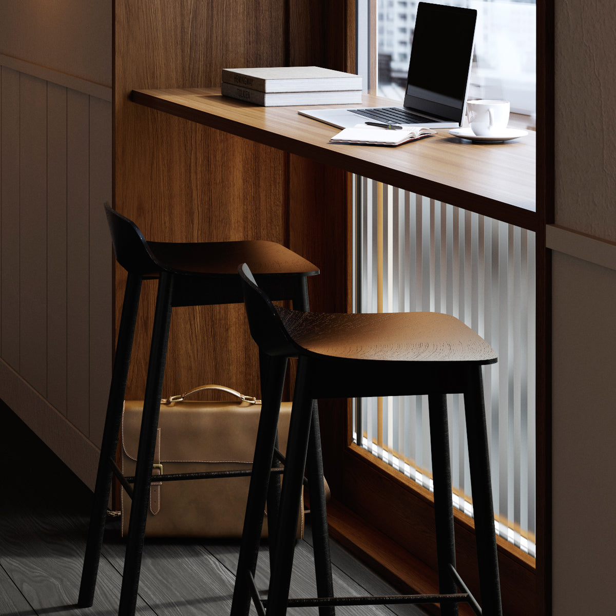 Mono Stool/Chair by Woud, showing mono stools/chairs in live shot.