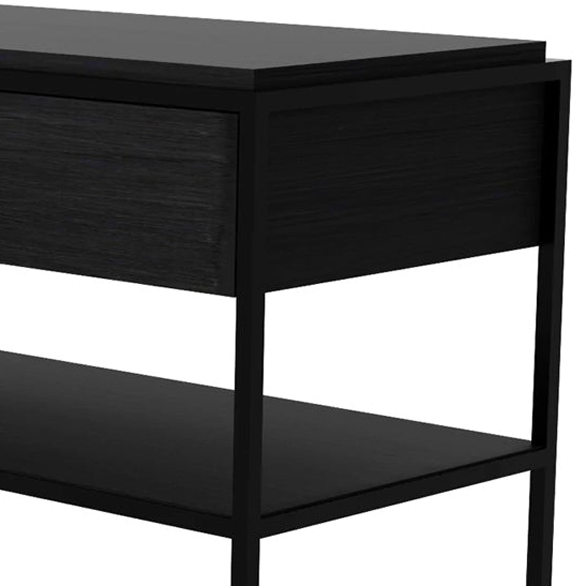 Monolit Oak Console by Ethnicraft, showing closeup view of monolit oak console in black oak wood/black metal.