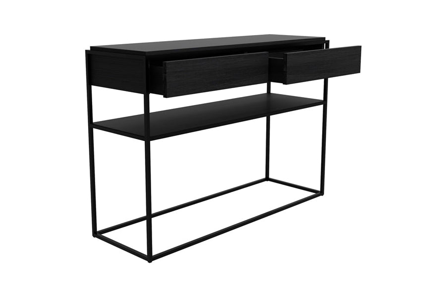 Monolit Oak Console by Ethnicraft, showing angle view of monolit oak console in black oak wood/black metal.