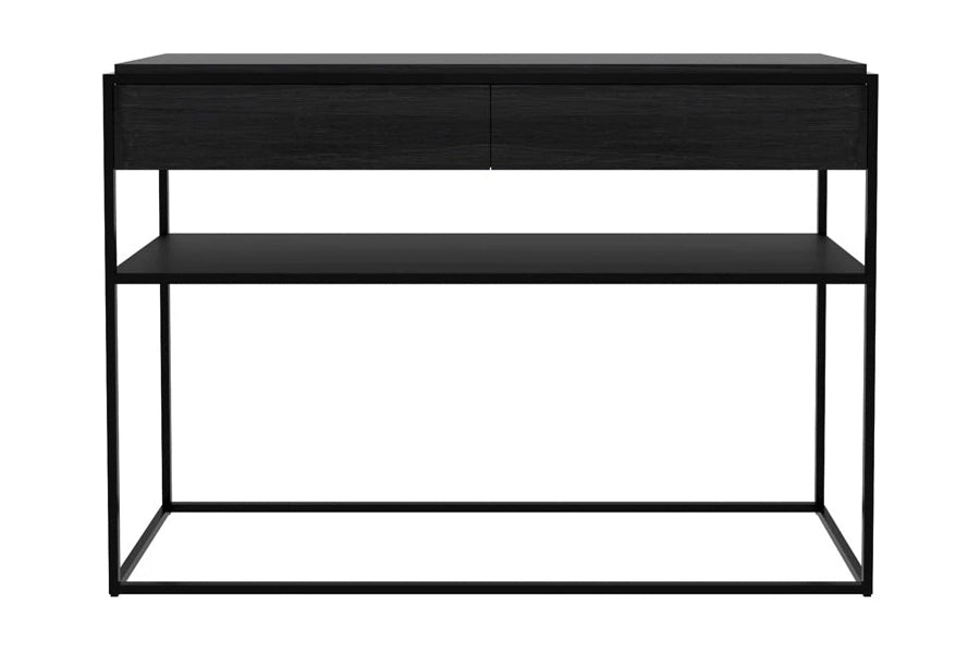 Monolit Oak Console by Ethnicraft, showing front view of monolit oak console in black oak wood/black metal.