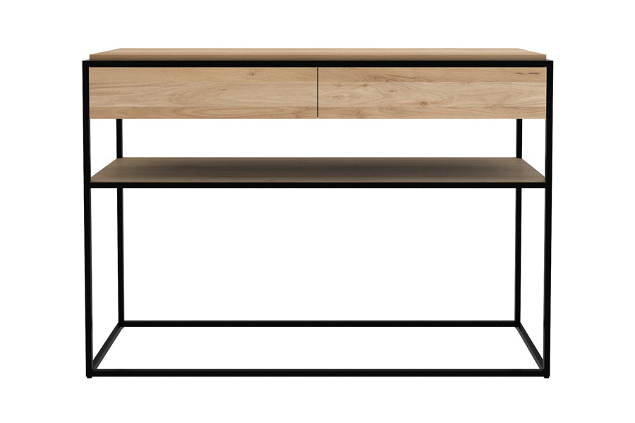 Monolit Oak Console by Ethnicraft, showing front view of monolit oak console in oak wood/black metal.