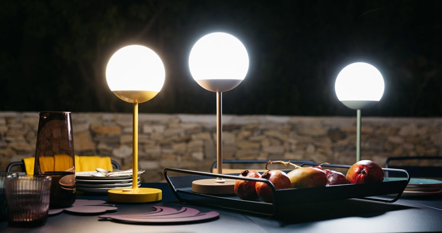 Mooon Lamps by Fermob, showing lamps & metal tray in live shot.