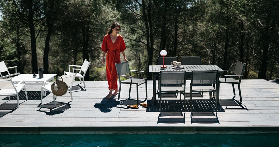 Mooon Lamps by Fermob, showing lamp, tables & chairs in live shot.