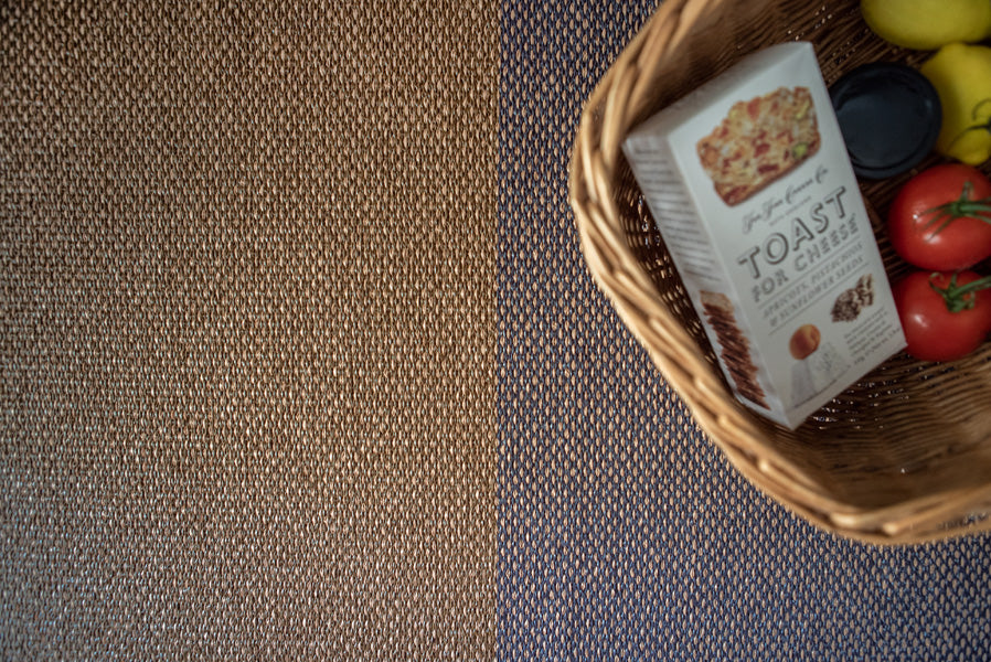 Moor Woven Plastic Rug by Brita, showing closeup view of moor woven plastic rug in live shot.
