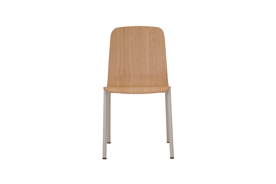 Morro Dining Chair by Kollektiff, showing front view of morro dining chair in natural stained oak + grey painted metal base.