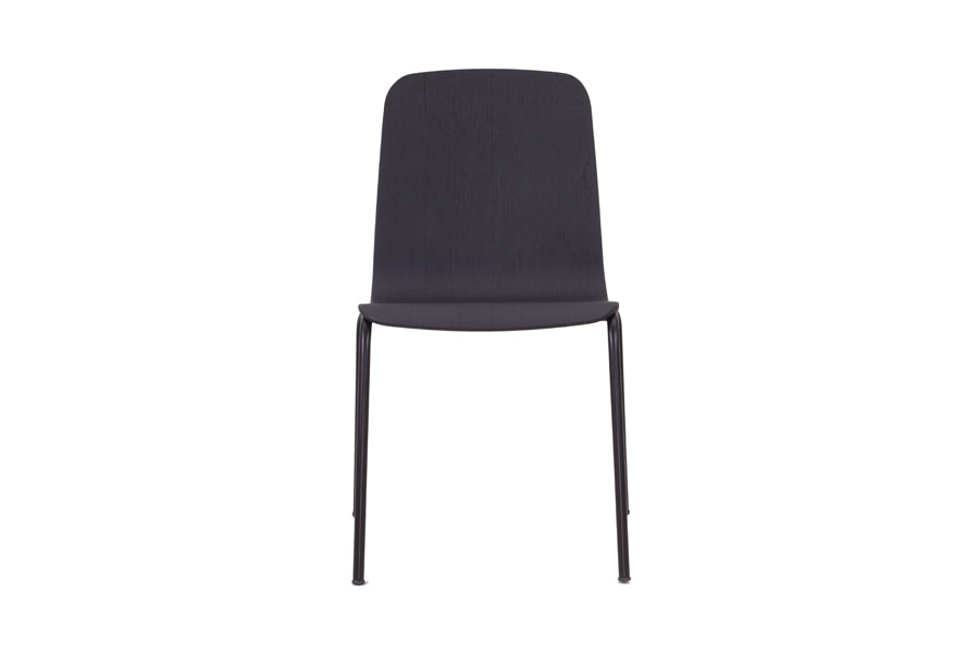 Morro Dining Chair by Kollektiff, showing front view of morro dining chair in black stained oak + black metal base.