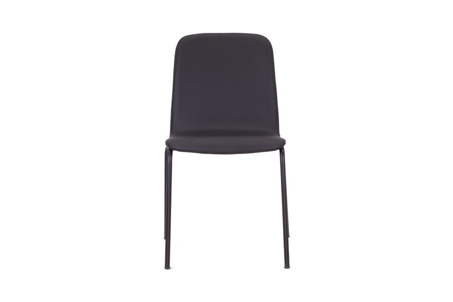 Morro Dining Chair by Kollektiff, showing front view of morro dining chair in black eco leather upholstered seat + black metal base.