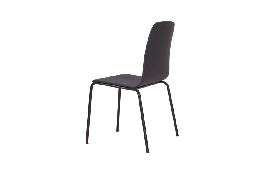 Morro Dining Chair by Kollektiff, showing back view of morro dining chair in black stained oak + black metal base.