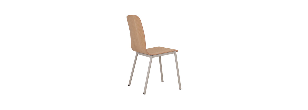 Morro Dining Chair by Kollektiff, showing back view of morro dining chair in natural stained oak + grey painted metal base.