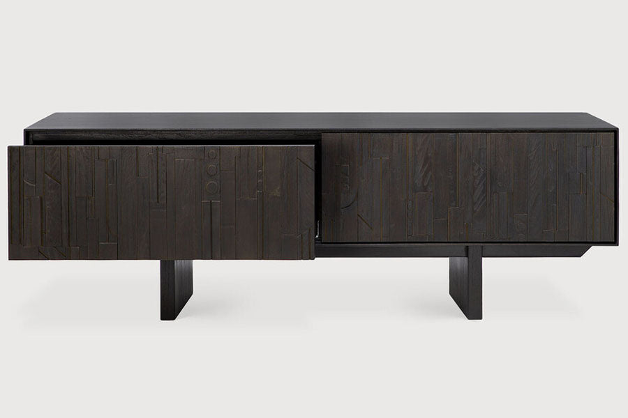 Mosaic TV Cupboard by Ethnicraft, showing front view of open cupboard.