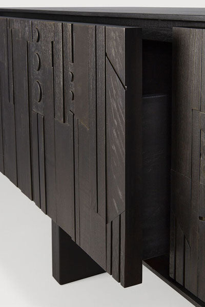 Mosaic TV Cupboard by Ethnicraft, showing closeup view of open cupboard.