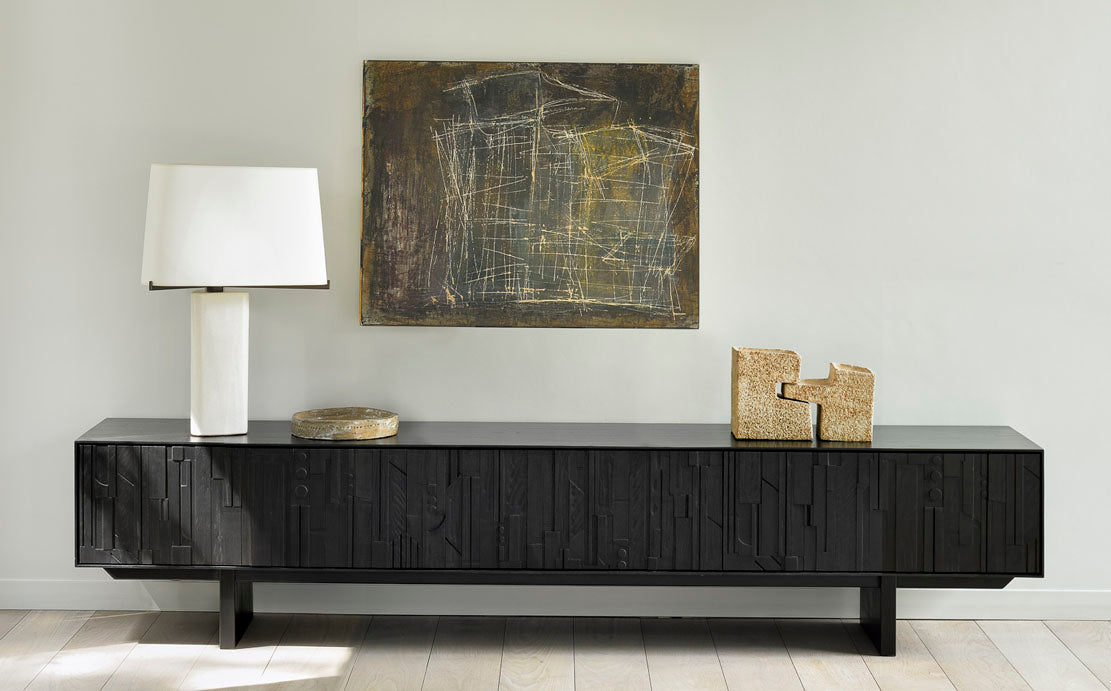 Mosaic TV Cupboard by Ethnicraft, showing front view of cupboard in live shot.