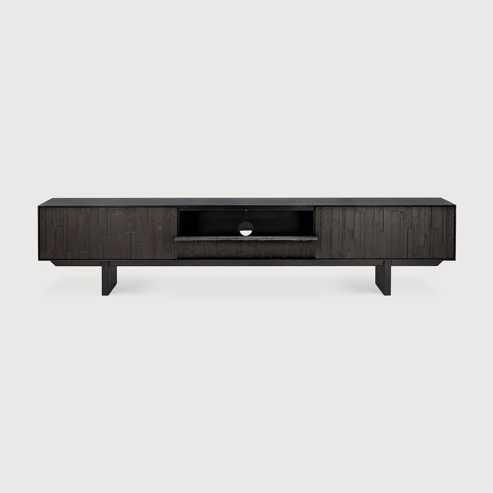 Mosaic TV Cupboard by Ethnicraft, showing front view of open cupboard.