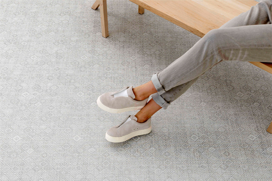 Mosaic Woven Floor Mat by Chilewich, showing closeup view of mosaic woven floor mat in live shot.