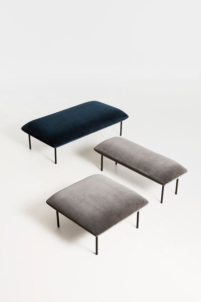 Nakki Bench by Woud, showing nakki benches with ottoman in studio shot.
