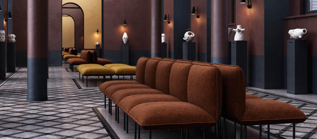 Nakki Lobby Ottoman by Woud, showing nakki lobby ottomans in live shot.
