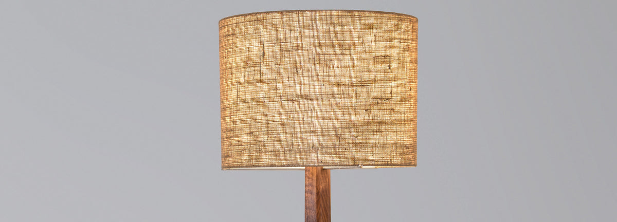 Nauta LED Floor Lamp by Cerno, showing closeup view of nauta led floor lamp in burlap shade.