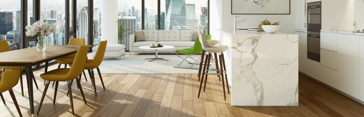 Neomi Dining Table by SohoConcept, showing dining table with chairs in live shot.
