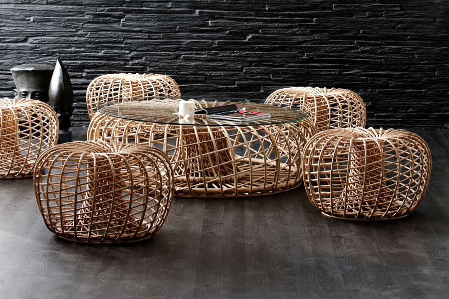 Nest Indoor Coffee Table/Footstool by Cane-Line, showing nest indoor coffee table/footstools in live shot.