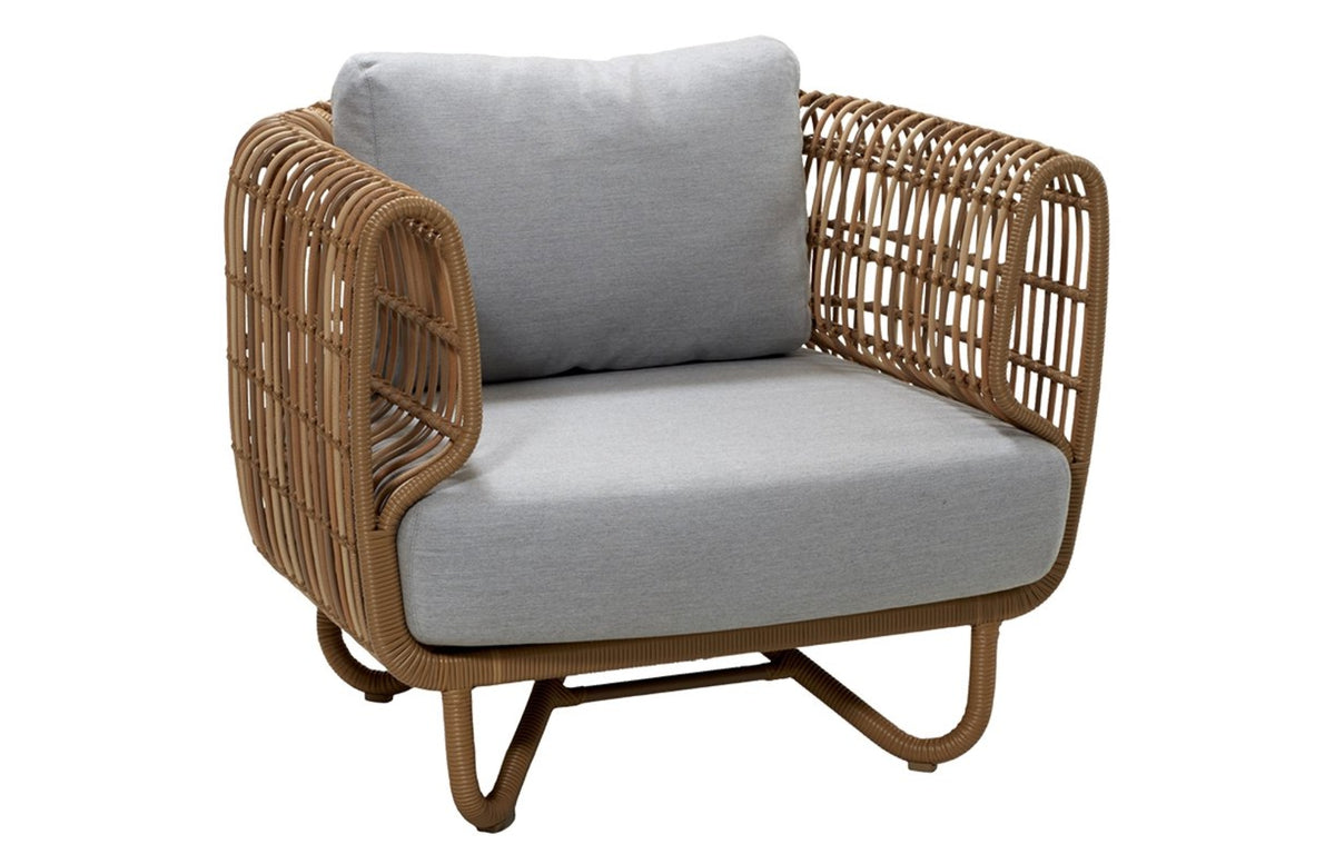 Nest Outdoor Lounge Chair by Cane-Line - 35.4" x 33.1", Natural Frame/Light Grey Cushion.