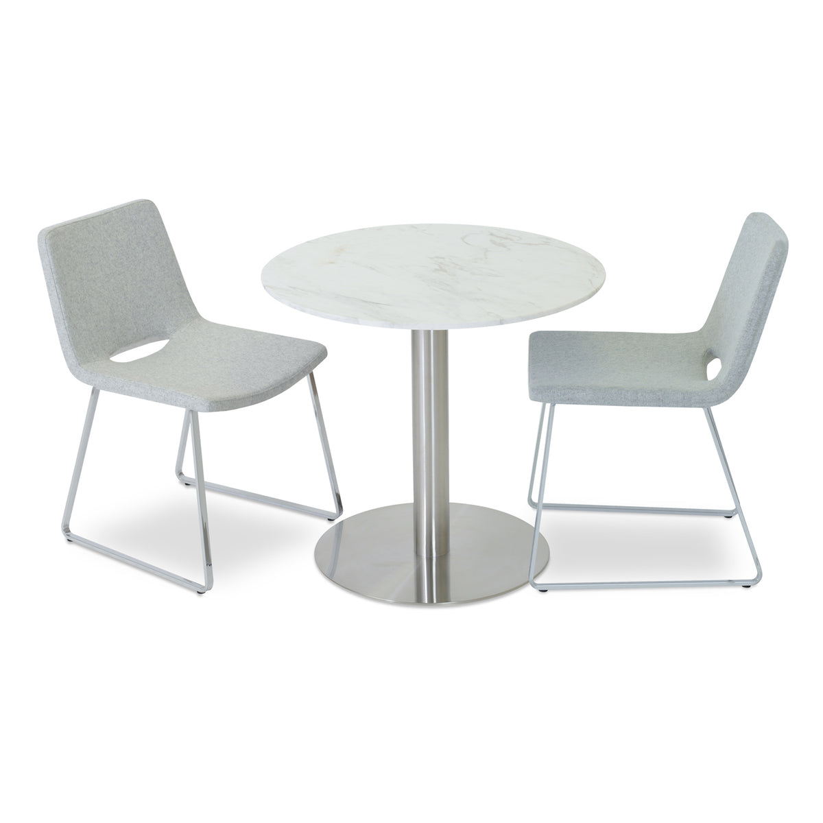 Nevada Sled Dining Chair by SohoConcept, showing two navada sled dining chairs in camira blazer silver wool/chrome base with tango dining table/marble top.