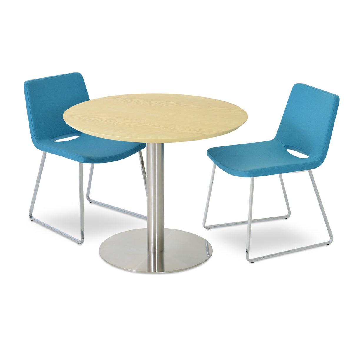Nevada Sled Dining Chair by SohoConcept, showing two navada sled dining chairs in camira blazer turquoise wool/chrome base with tango dining table/natural ash top.