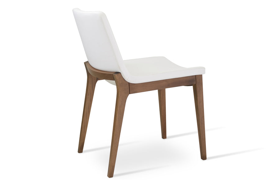Nevada Wood Chair by SohoConcept, showing back view of navada wood chair in white leatherette with beech walnut wood base.