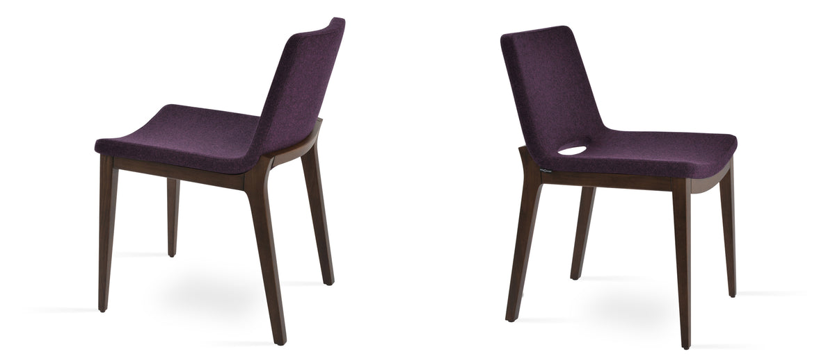 Nevada Wood Chair by SohoConcept, showing different angles of navada wood chair in camira blazer deep maroon wool with original american walnut wood base.
