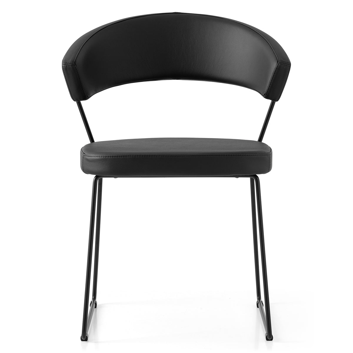 New York Chair by Connubia, showing front view of new york chair in matt black metal frame + black soft leather seat.