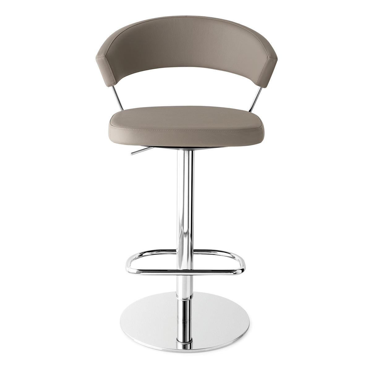New York Swivel Stool by Connubia, showing front view of new york swivel stool in taupe ekos seat/chromed metal frame.