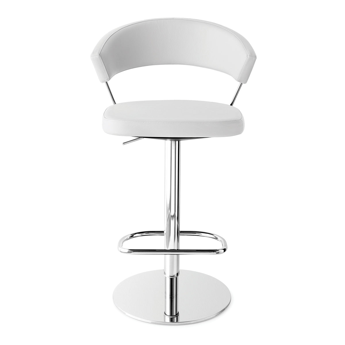 New York Swivel Stool by Connubia, showing front view of new york swivel stool in white ekos seat/chromed metal frame.