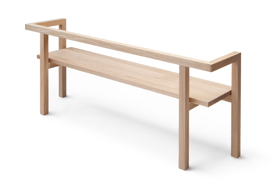 Storia Konstruktio Bench by Nikari, showing backside view of storia konstruktio bench in oak, without seat pad.