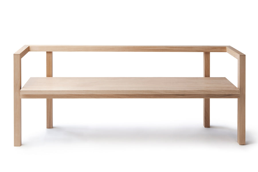 Storia Konstruktio Bench by Nikari, showing front view of storia konstruktio bench in oak, without seat pad.
