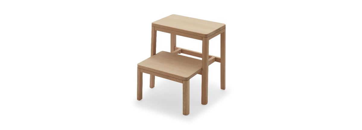 Noboru Step Ladder by Skagerak, showing angle view of noboru step ladder in oak wood.
